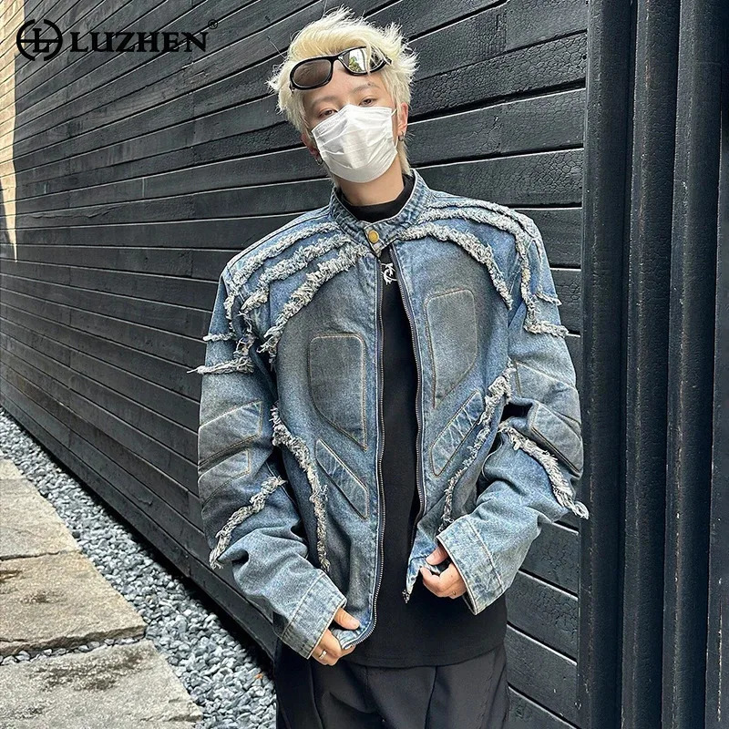 LUZHEN American Tassel Burr Shoulder Pad Motorcycle Jacket Wornout Personalized High Street Short Denim Top Men LZ8149 250207