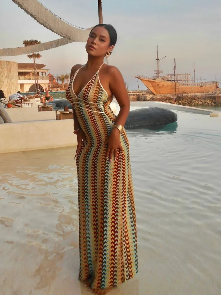 Sexy Crochet V Neck Halter Midi Dres Fashion Sleeveless Backless Slim Knitted Dress 2025 Summer Lady Highstreet Robe 250207