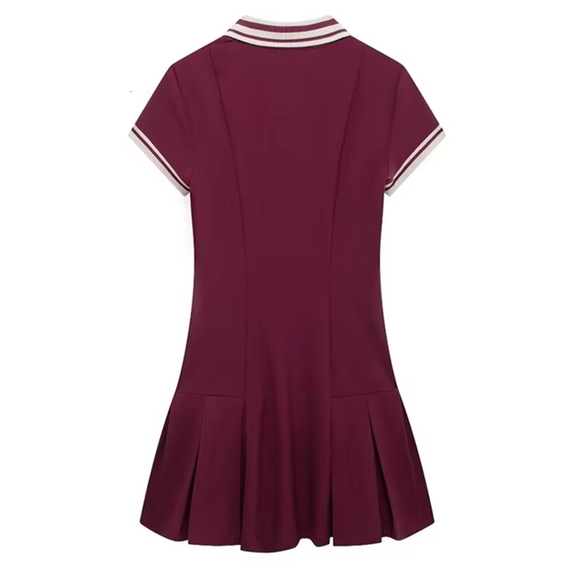TRAFWomens Contrast Ribbed Pleated Knit Mini Dress Polo Collar Short Sleeves Female Dresses Chic Fashion y250206