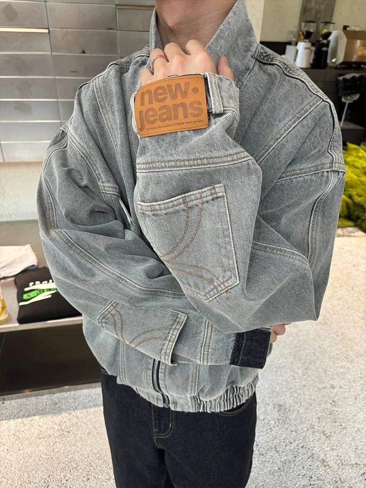 REDDACHIC Upside Down Men Cargo Denim Jacket Patchwork Multipocket Wash Do Old Stand Collar Zipup Coat Moto Vintage Outerwear 250207