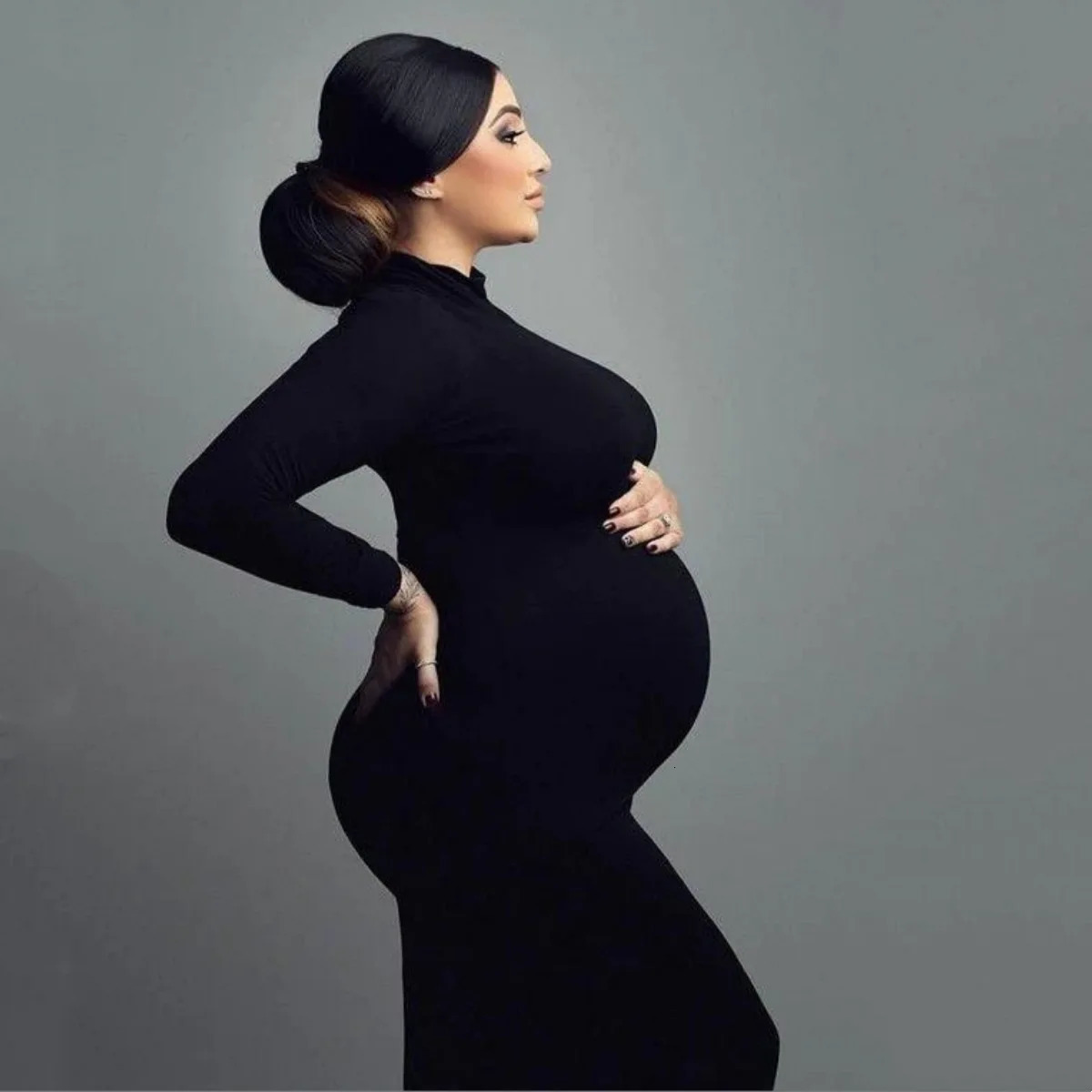 HighNeck Pregnant Womens SlimFit dress LongSleeved Stretch Daily Dress 250114