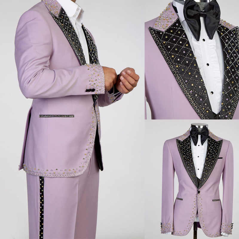 New Arrival Men Suits Slim Fit 2 Pieces Peaked Lapel Elegant Rhinestone Beaded Classic Men Wedding Suits Groom One Button (Blazer+Pants) Customized