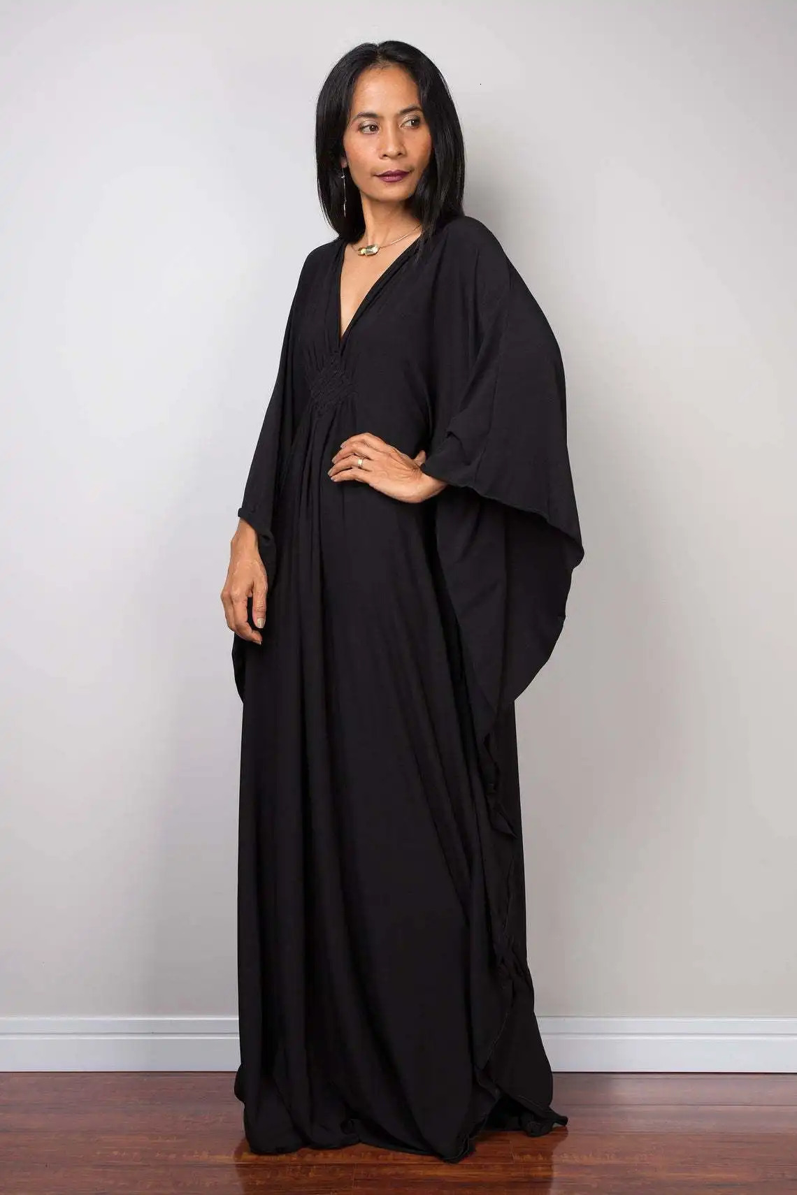 Women Solid Color Cover Up V Neck Batwing Sleeve Plus Size Beach Kaftan Dresses caftans loungewear 250208Z