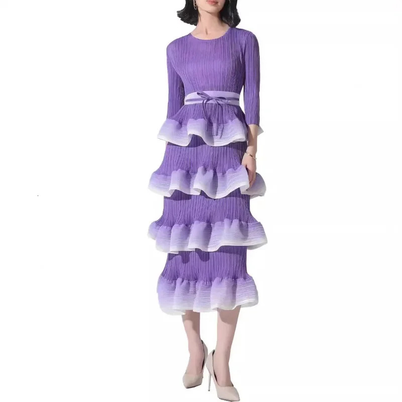 Miyake MidLength Dress Gradient Tiered Skirt Ruffled Hem Drawstring Detail FrenchInspired Chic Pleats Evening Dresses 250208wtt