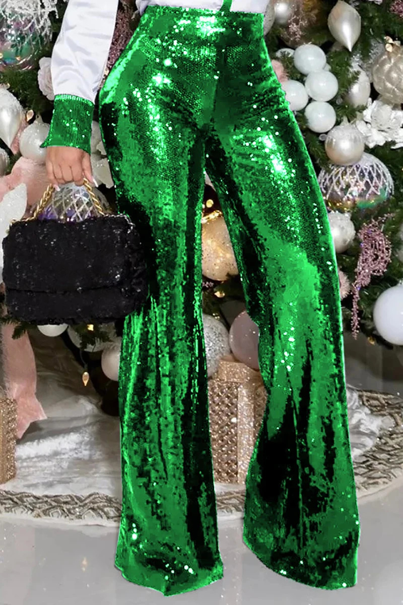 Plus Size Semi Formal Black Sequin Wide Leg Pants High Waist Party Club Shinny Toursers for Women Fashion Vintage Pants 250207