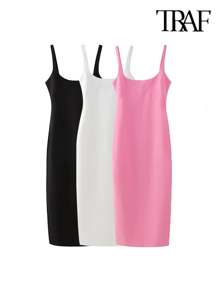 TRAFWomens Back Slit Solid Midi Dress O Neck Straps Female Dresses Chic Fashion 250207