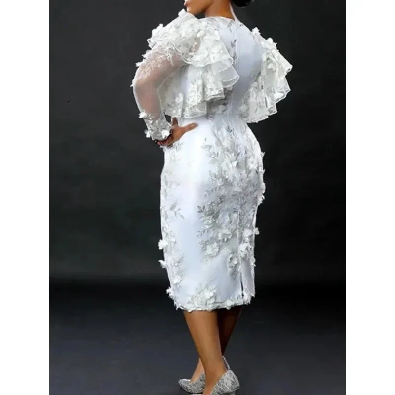 White Appliques Flower Dres Embroidery Midi Dresses Elegant Ruffles Tulle Long Sleeve Birthday Wedding Outfits 250207
