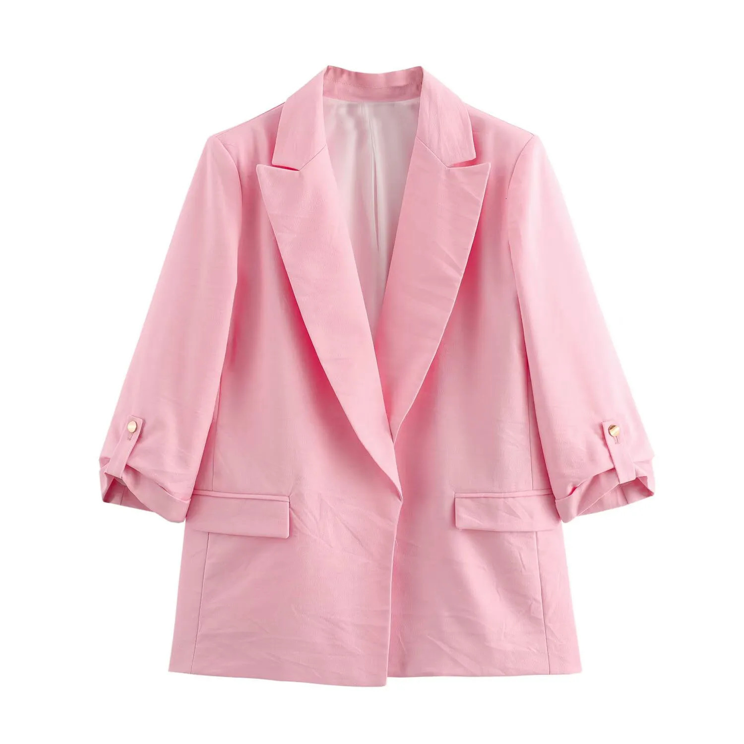 ZAR4 Summer Womens Versatile and Stylish Loose Casual Simple Roll Sleeved Linen Blended Suit Coat 250208wtt