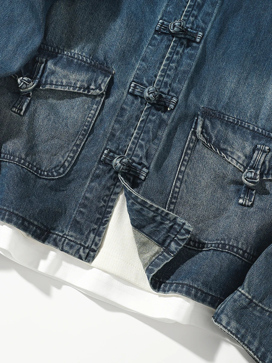 Spring And Autumn Chinese Style Mens Lapel Knot Button Washed Old Denim Jacket Loose Fashion 100% Cotton Casual Coat 250207