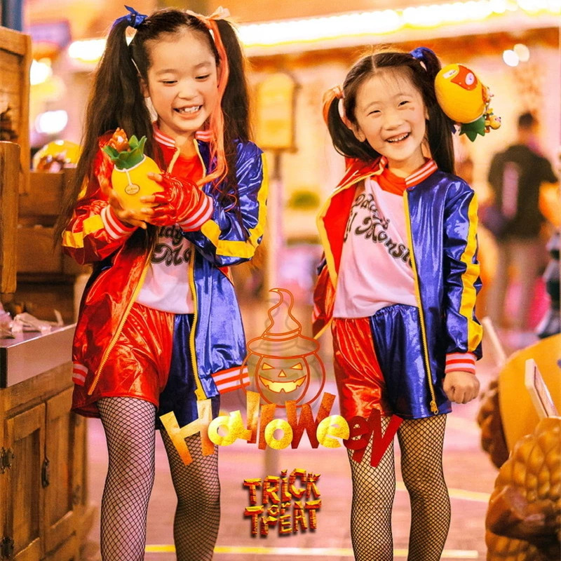 Carnival Kids Girls Suicide Harley Cosplay Costumes Squad Quinn Monster Jacket Pants Sets Inflatable Baseball Bat Suit 250207