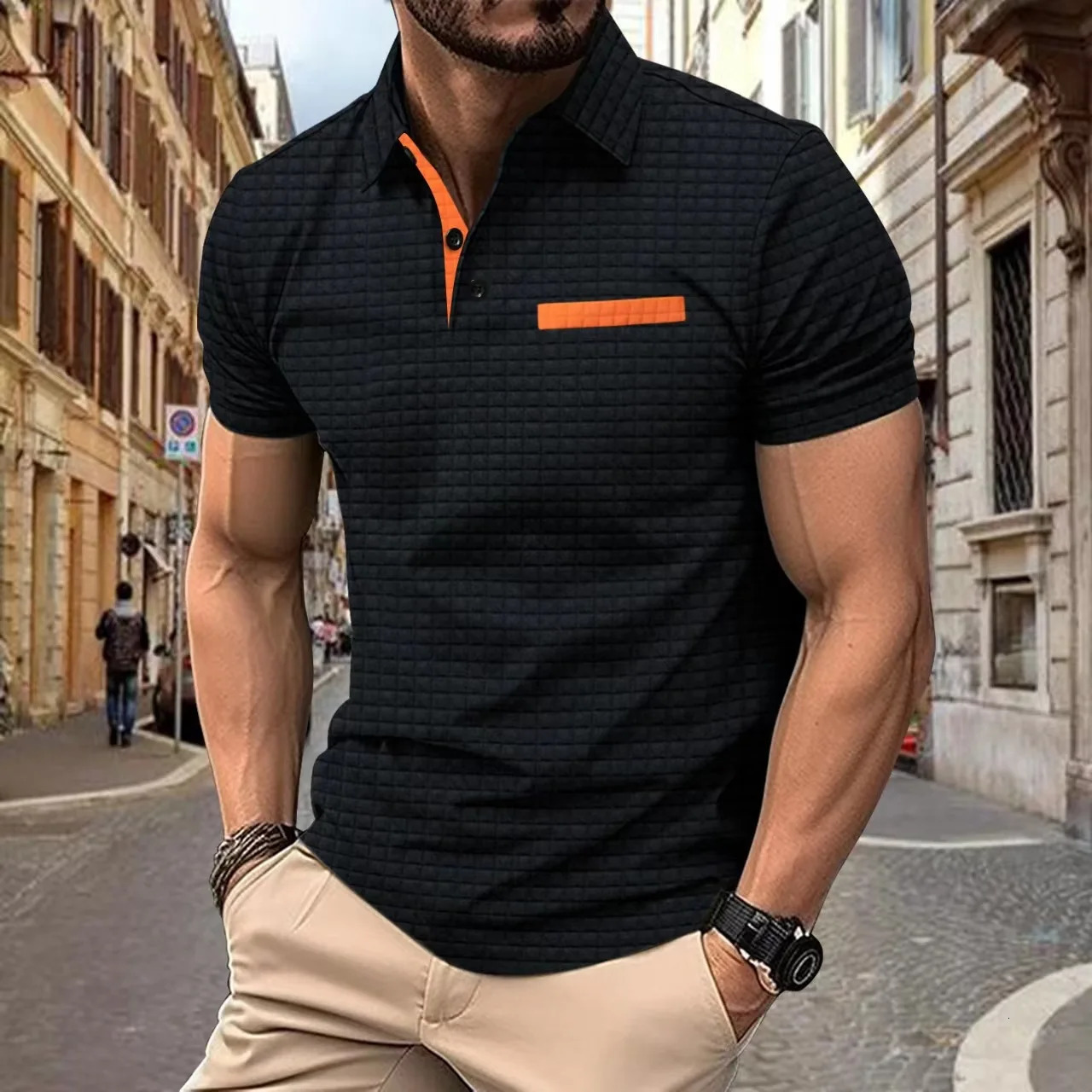 2024 Summer Mens Fashion Casual Solid Color Loose Edition Sports Fitness Jacquard Checkered Polo Shirt 250208Z