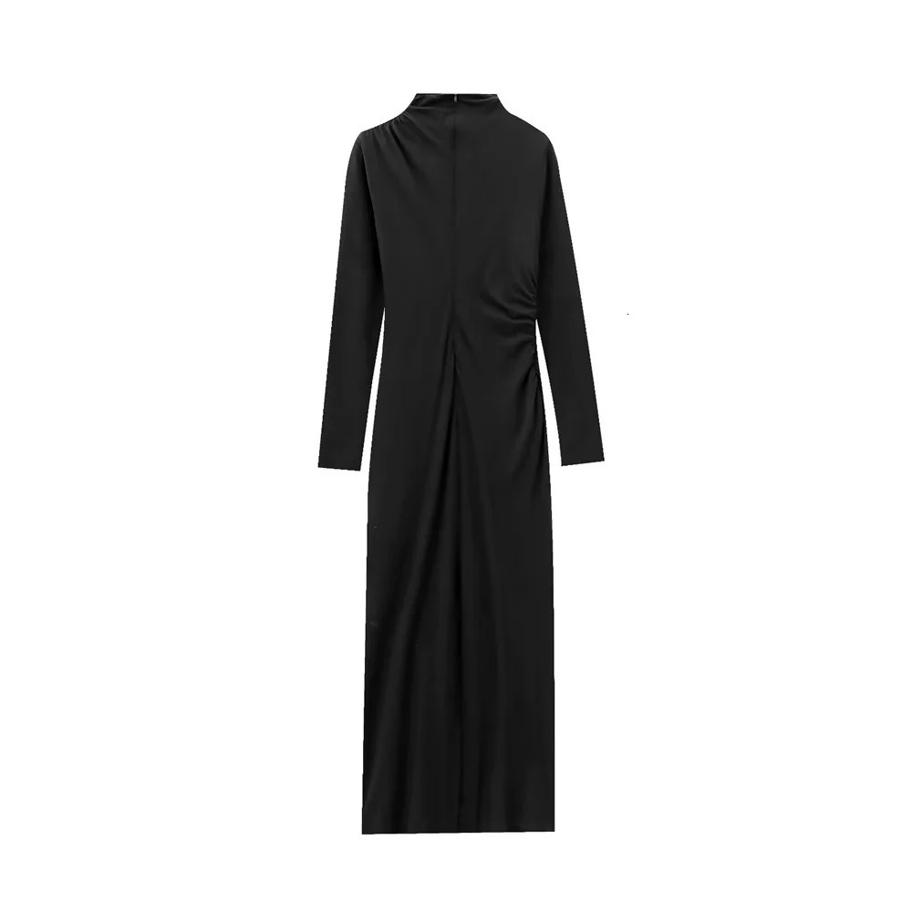 Zach Ailsa womens slim fit pleated decorative Midi dress autumn item stand collar long sleeved mid length skirt 250207