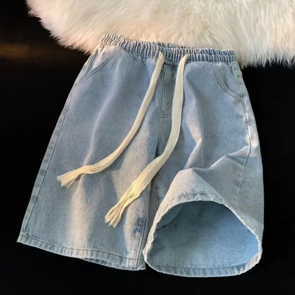 Men Wide-leg Denim Shorts Mens Quick-drying Denim Beach Shorts With Elastic Drawstring Waistband Pockets Summer Wide Leg Shorts 250208