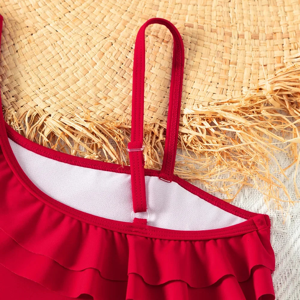 Retro Red Color Teenage Girls Swimsuit One Piece 5-14 Year Kids Swimsuit Ruffled Swimwear beachwear 250207