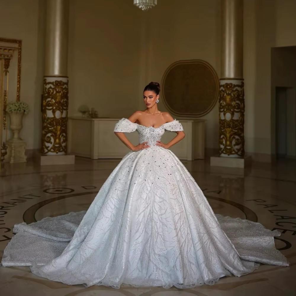 Off Shoulder Ball Wedding Dress, Crystal Sequins, Sweep Train, Custom Made Bridal Gown