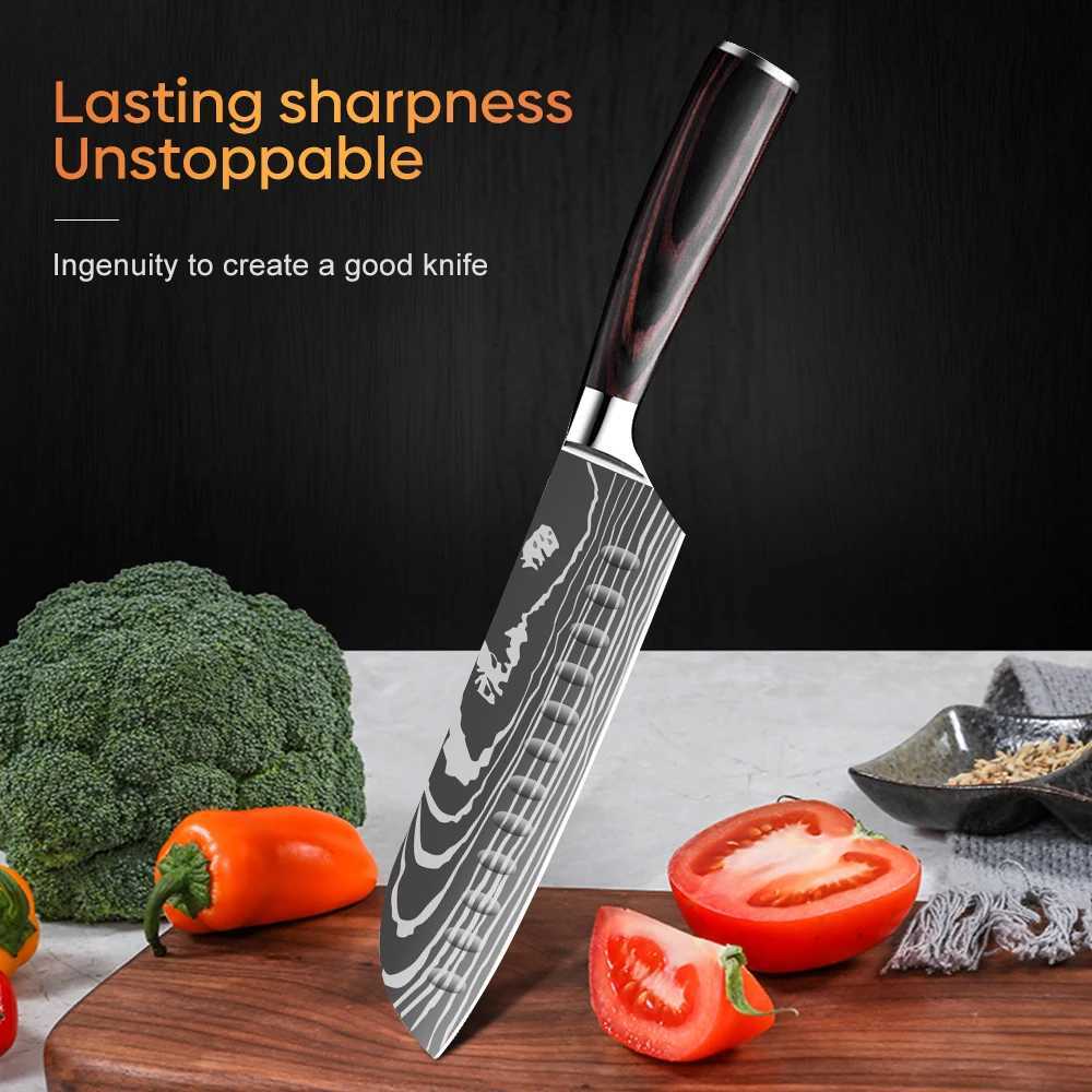 7 Inch Santoku Knife Laser Damascus Stainless Steel Kitchen Knives Professional Chef Knife Full Tang Vegetable Cutting Knife W250208