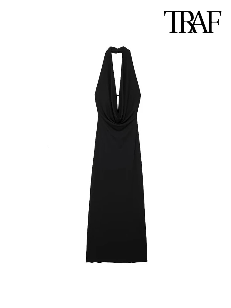 TRAFWomens Draped Halter Neck Midi Dress Backless Back with Strap Party Female Dresses Sexy Fashion 250207