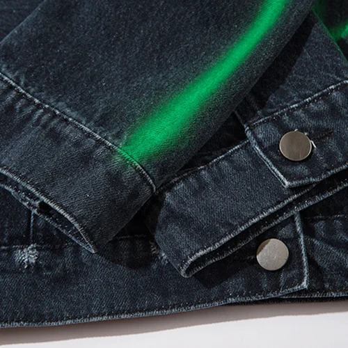 UPRAKF Green Letter Washed Striped Patchwork Jacket Retro Baggy Jeans Coat Casual Outwear Tops High Street Fashion 250207