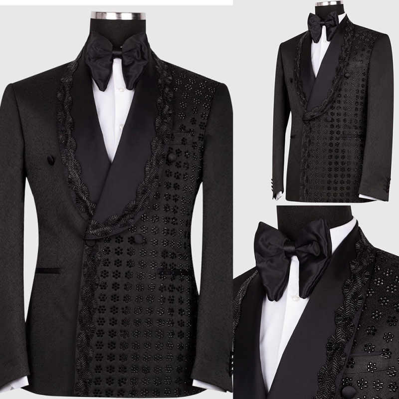 Vintage Men Suits Slim Fit 2 Pieces Shawl Lapel Beading Classic Men Wedding Suits Groom Double Breasted (Blazer+Pants) Customized