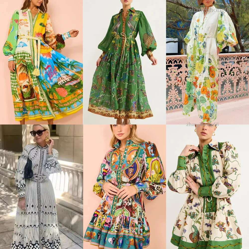 Floral Printed Long Dresses For Womens Spring Fall Long Sleeve Dress New Cardigan Linen Lace Up Skirt