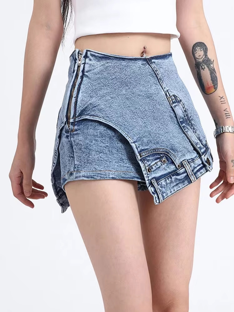 2025 Summer Double Breasted Pocket Women's Irregular Unique Denim Shorts High Waist Splicing Zipper Designer Shorts Women's New Style