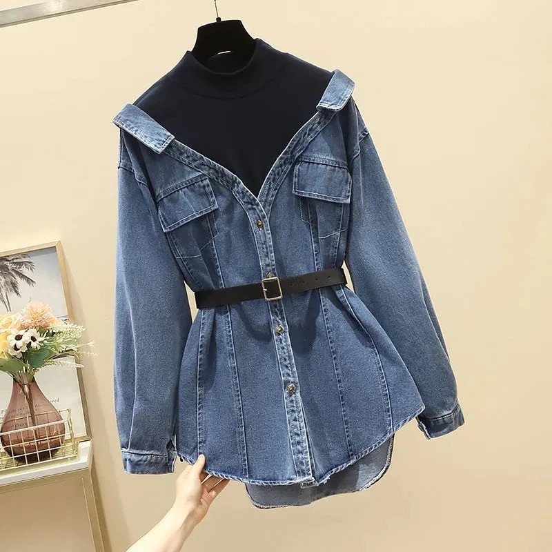 Womens Denim Jacket 2024 Spring Autumn Two Pieces Appear Thin Ladies Temperament Long Sleeve Female Cowboy Coat 250113