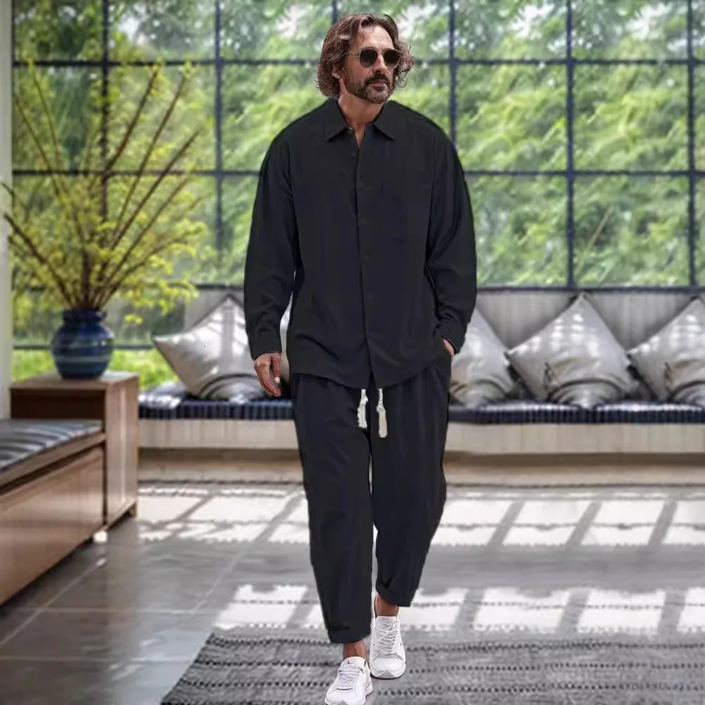Spring and autumn mens fashion trend quality cotton linen shirt casual loose solid color lapel long sleeve trousers two sets 250208