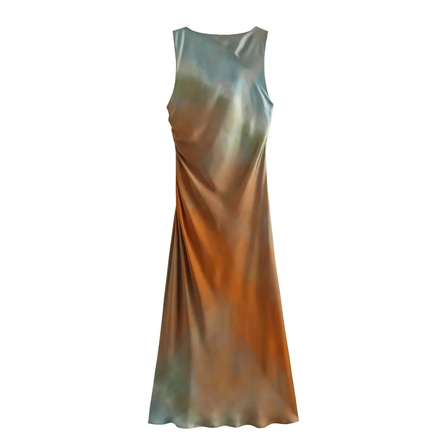 European And American Style Womens Fashionable Simple Pleated Slim Fit Slit Tie Dye Printed Texture MIDI Dress 250207