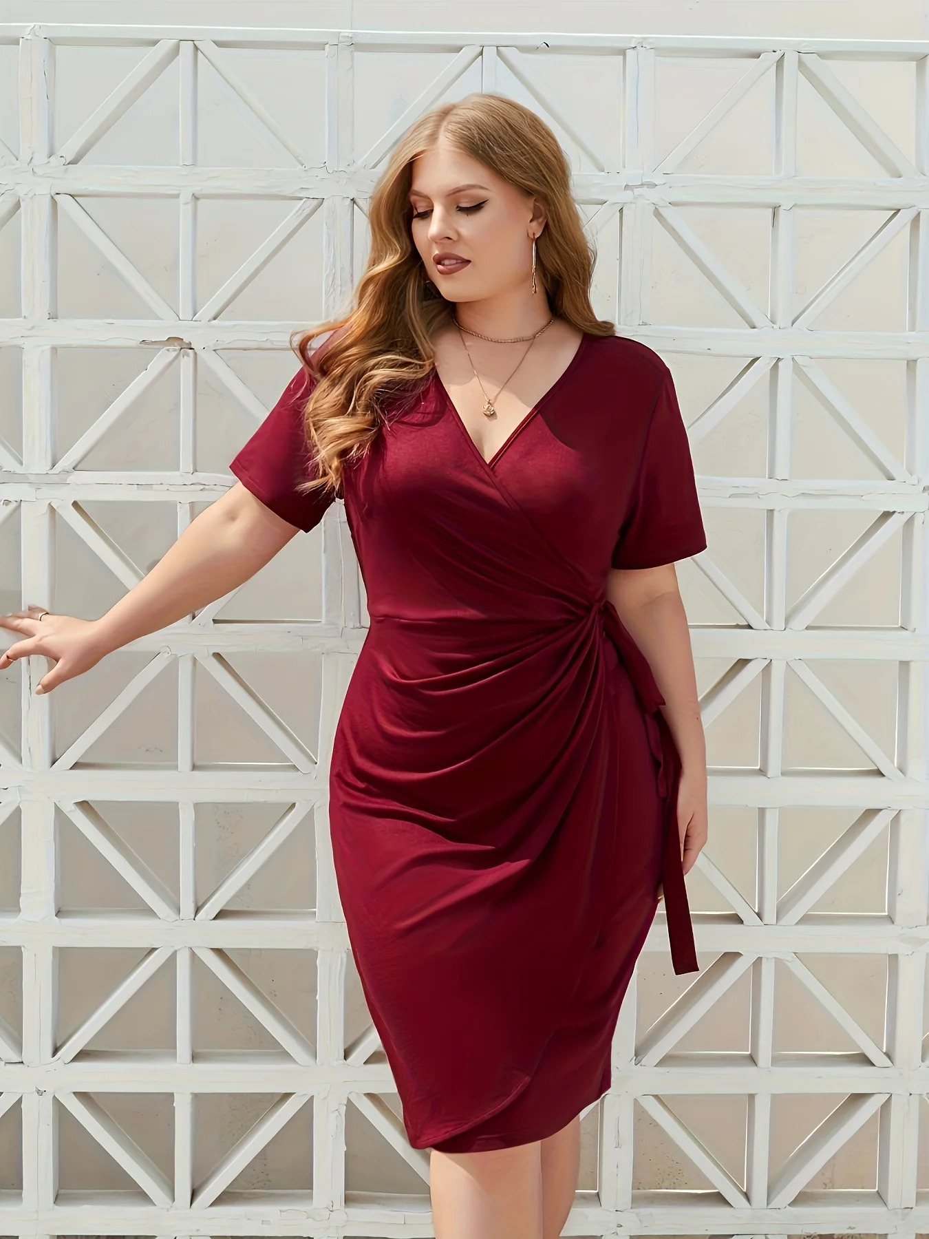 style solid color casual strappy Vneck Plus size midi dress 250207