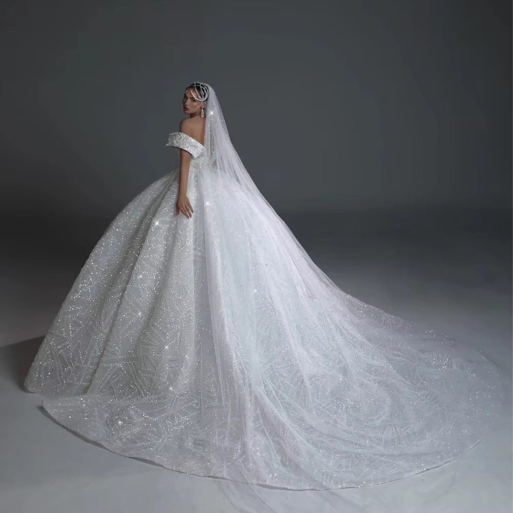Off Shoulder Ball Wedding Dress, Sequins & Pearls, Sweep Train, Custom Made Bridal Gown