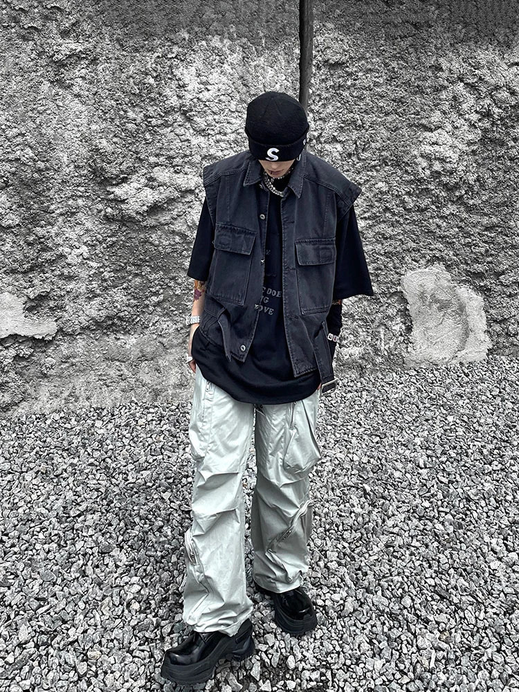 EDDACHIC Function Pockets Cargo Sleeveless Denim Jacket Men Retro Black Wash Fall Layering Vest Casual Grunge Y2k Streetwear 250207