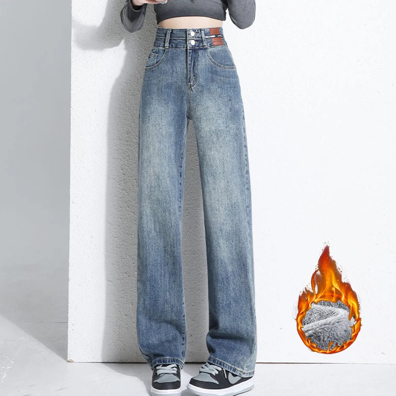 Woman High Waist Thicken Jeans Female Gothic Pants s Fashion Winter Snow Warm Retro Black Blue Grey Thermal Denim Trousers 250206
