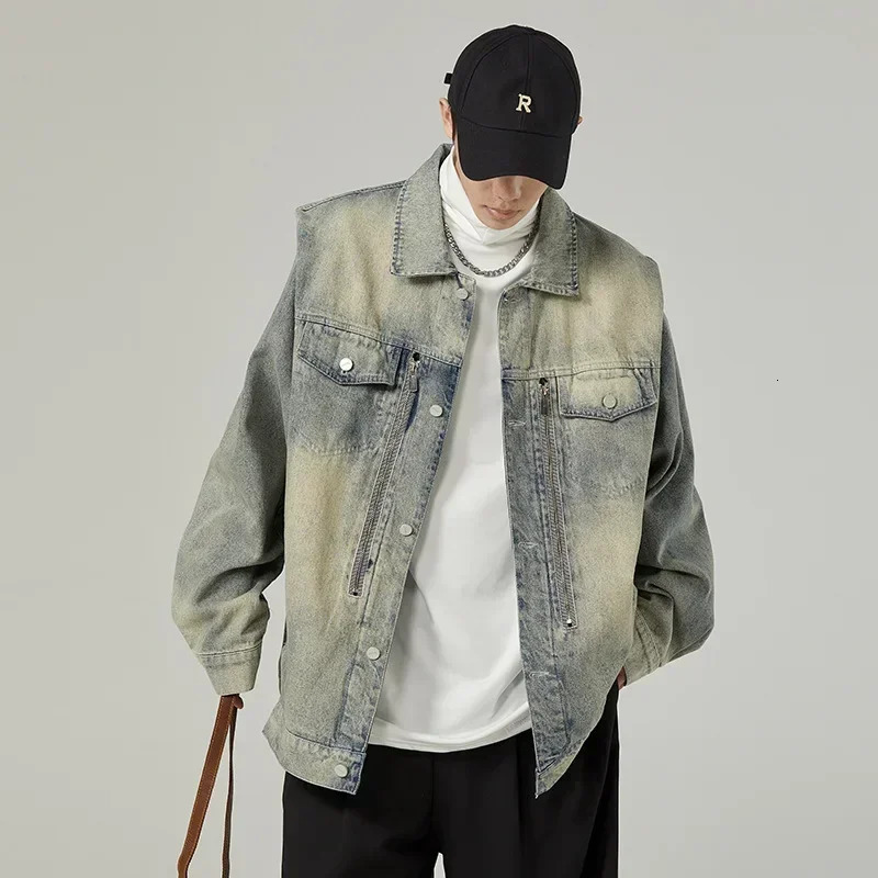 American Style Distressed Washed Loose and Versatile Denim Jacket Trendy Mens Highend Street Workwear 250207
