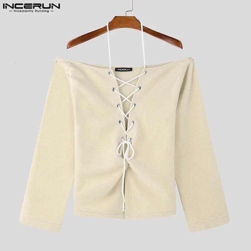 Fashion casual style top INCERUN mens double-sided shoulder strap pendant collar T-shirt sexy mens shoulder long sleeved Camiseta S-5XL 250207