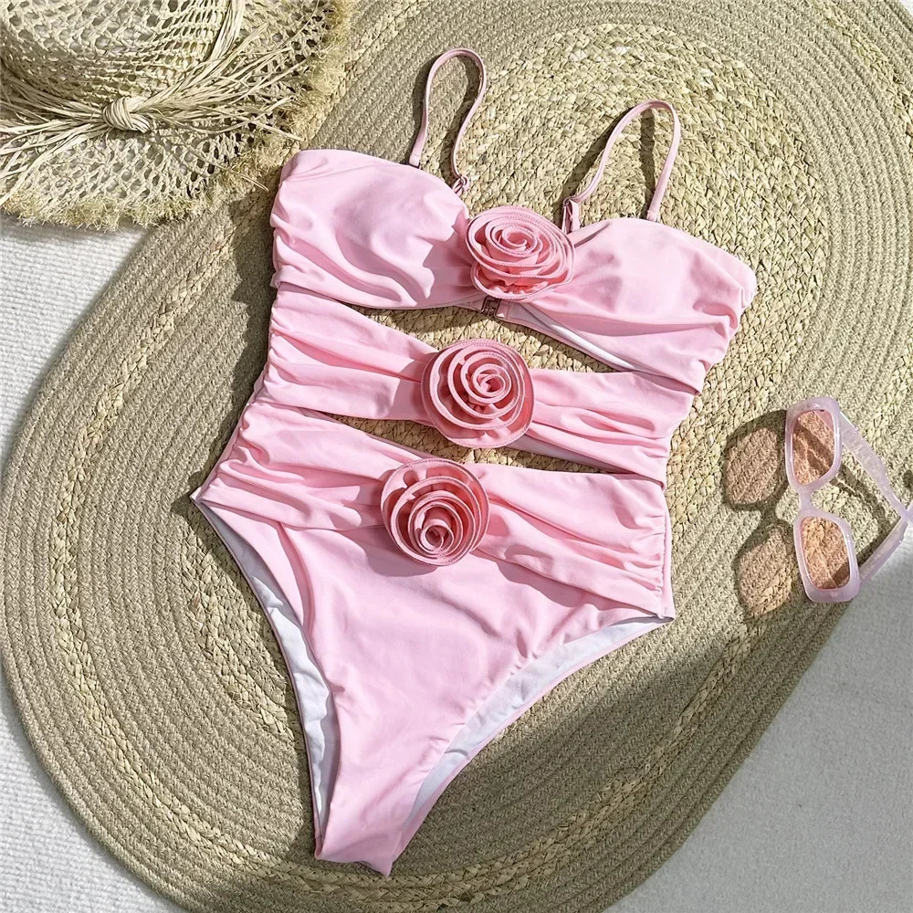 Sexy Pink 3D Flower Swimwear Woman One Piece Swimsuits Female Cut Out Monokini Bathing Suit Swimming Wear for Women Bathers 2025 250206