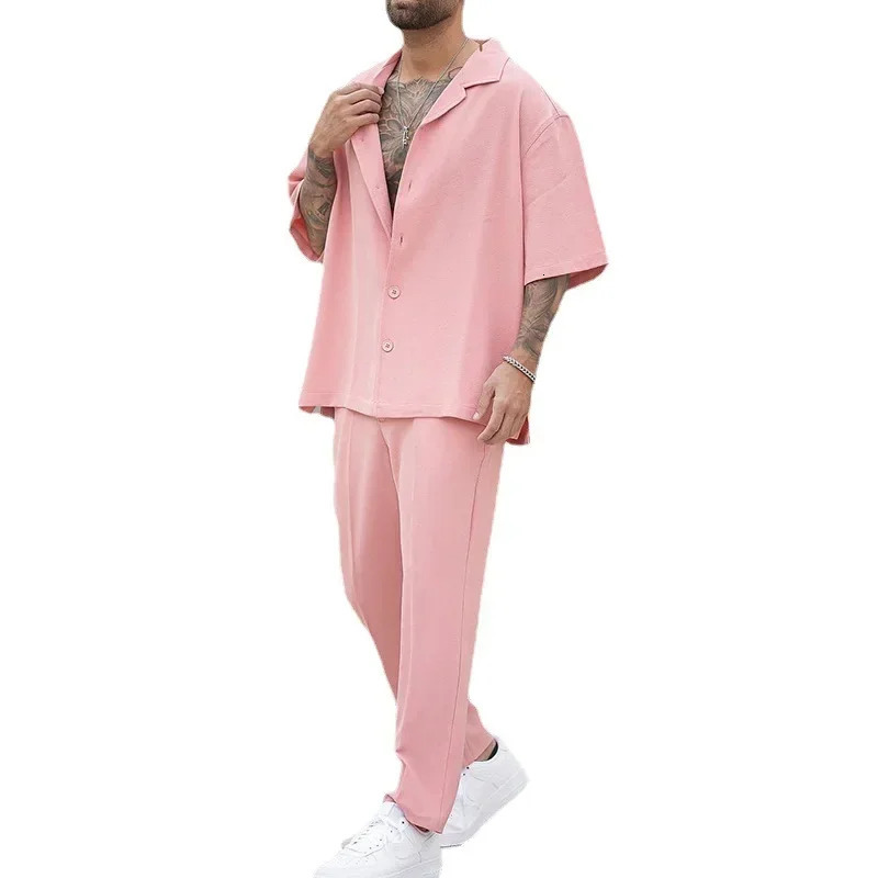 Summer Fashion Shirts and Pants Twopiece Mens Sets Trend Solid Color Male Suit Pink Large Size Sweatshirts Clothing 250207