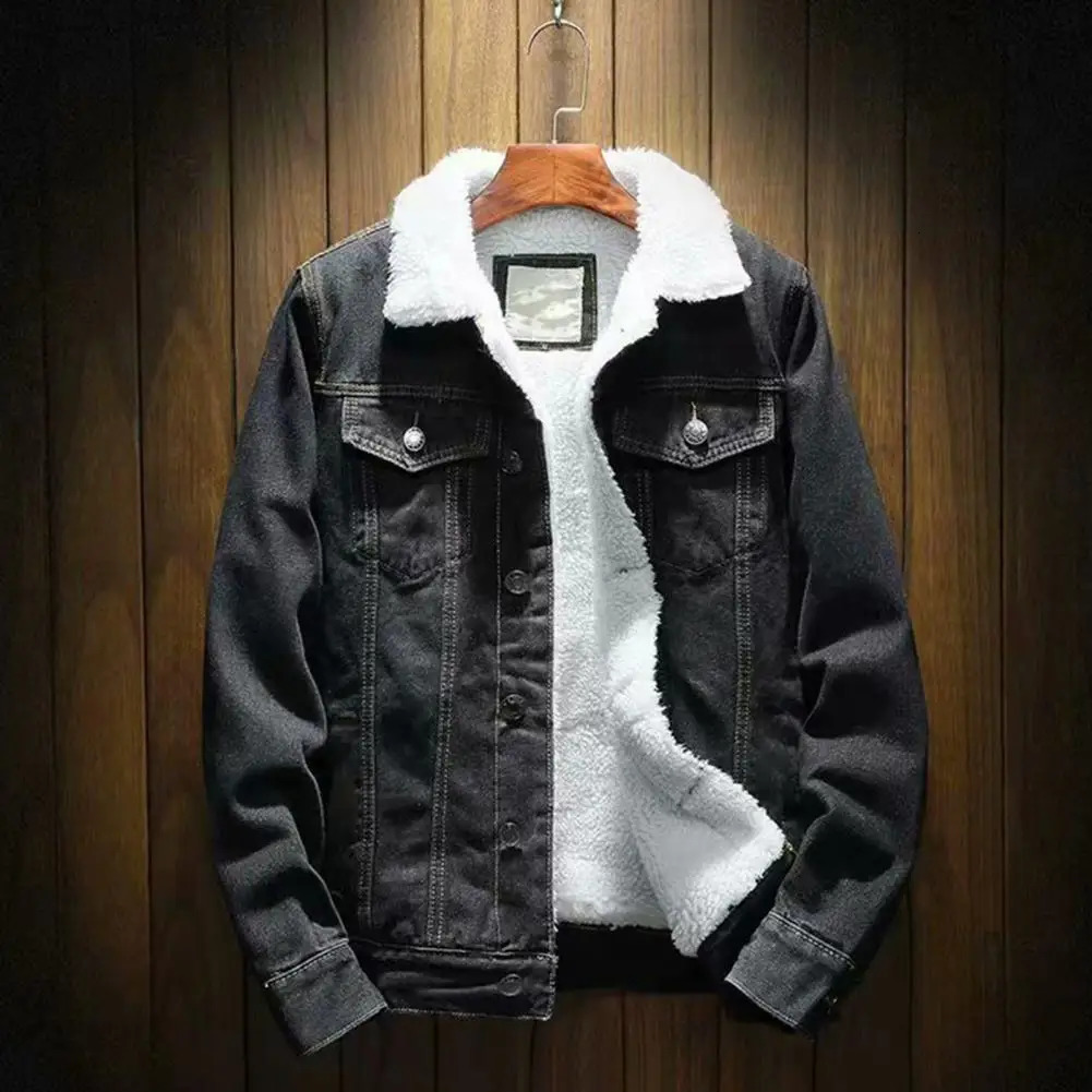 Mens denim jacket with thick cashmere lining solid color cold resistant winter single chest 250208Z
