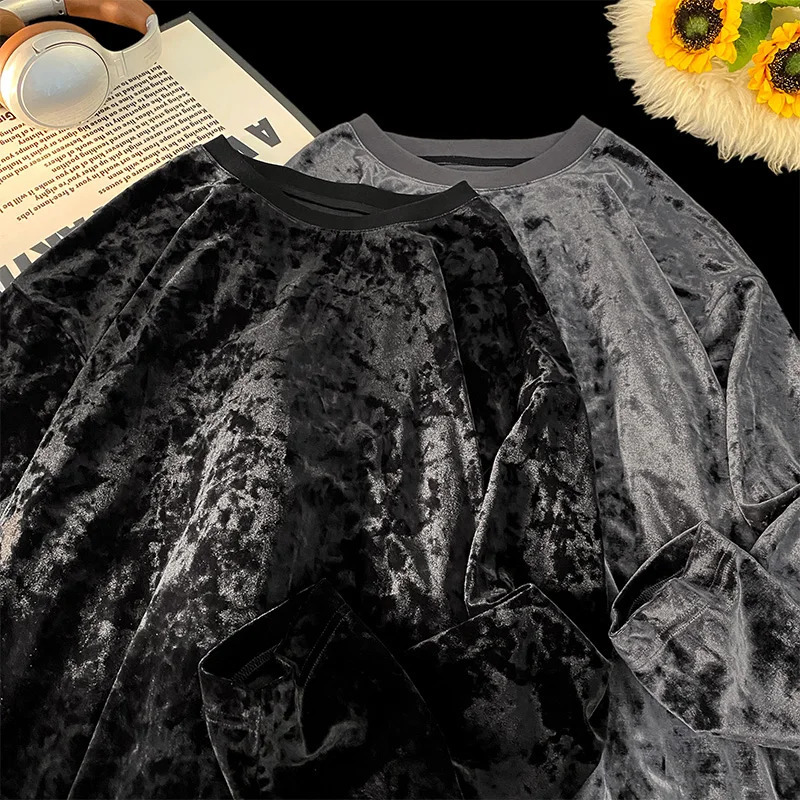 Solid Color Basic Velvet Sweatshirt Fashion Inside Long Sleeve Bottom Shirt Round Neck Tops 250207