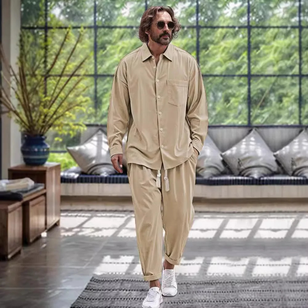 Spring and autumn mens fashion trend quality cotton linen shirt casual loose solid color lapel long sleeve trousers two sets 250208