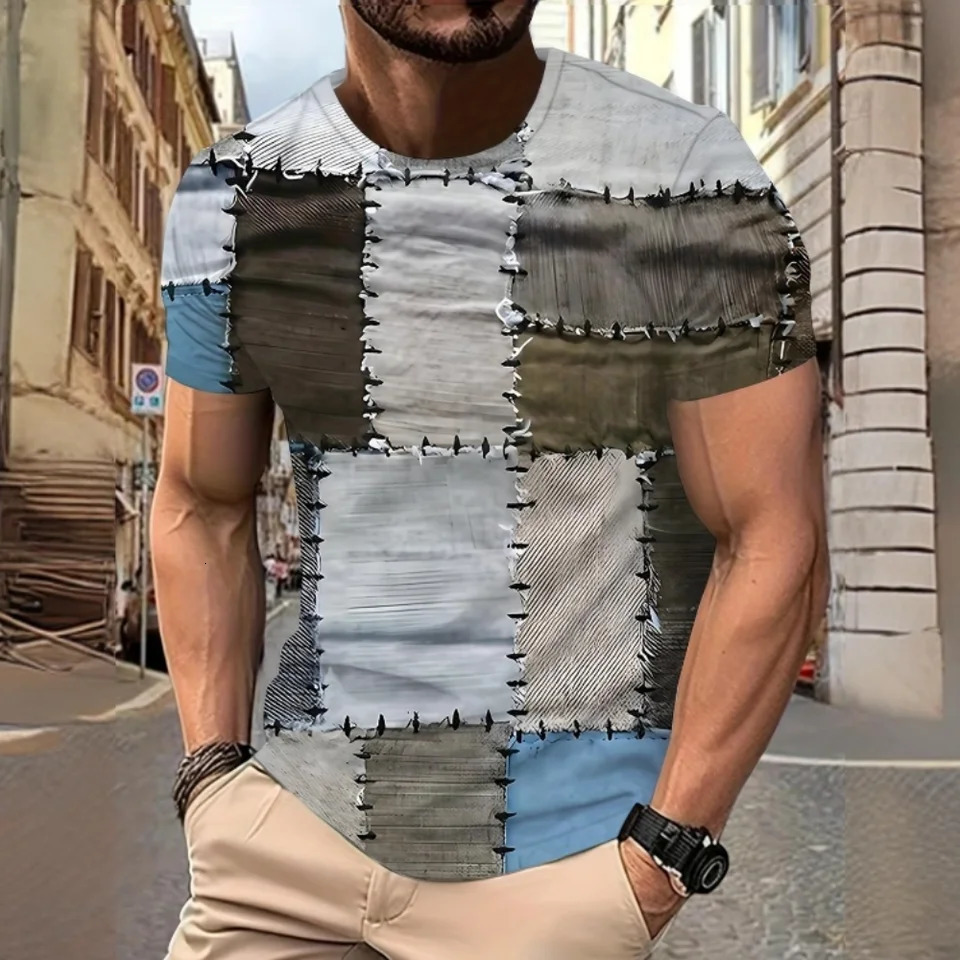 Vintage TShirt For Men Patchwork Denim Color Block Stitched Plaid Graphic T Shirts Short Sleeve Tee Oversized Clothing Tops 250207