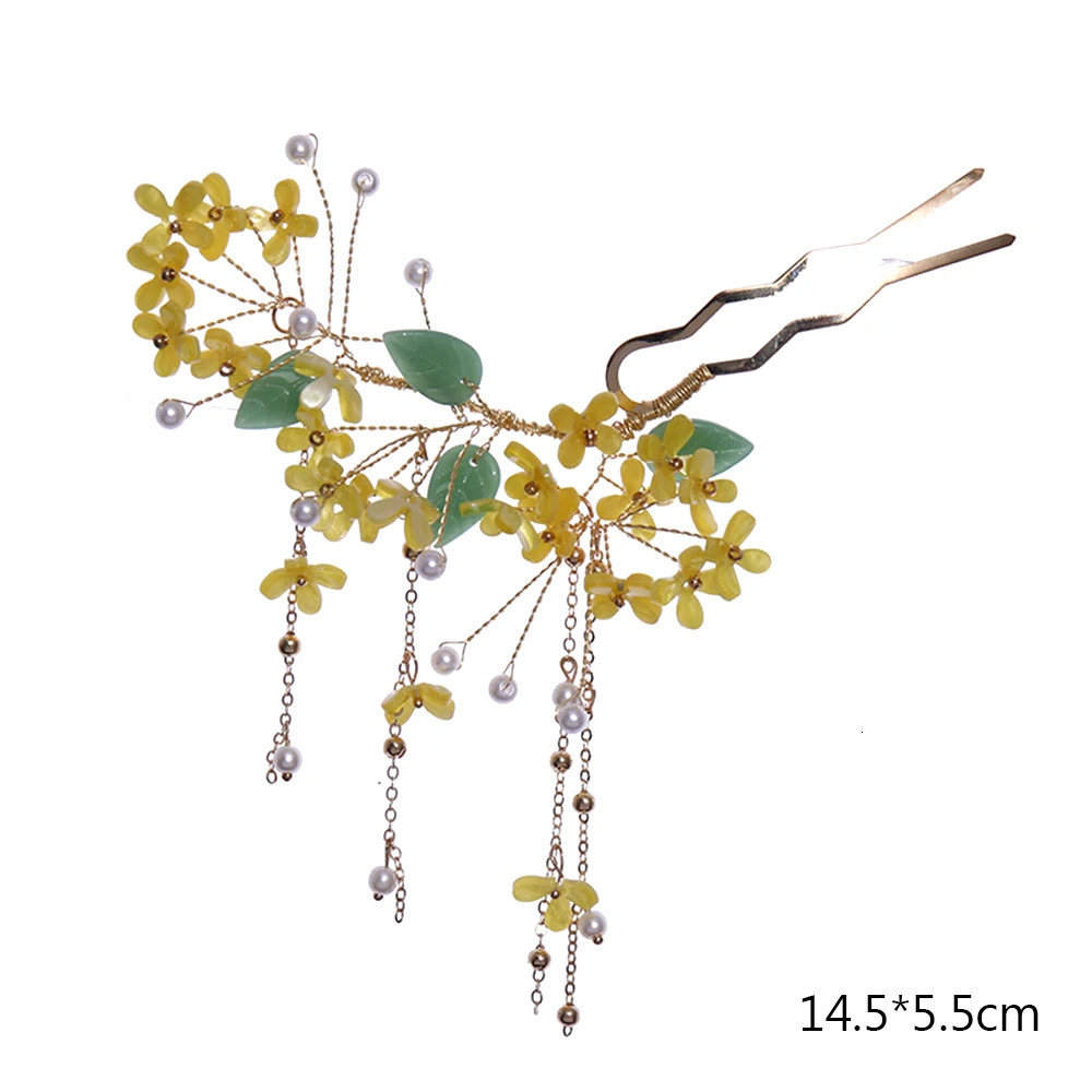 U-shaped Hairpins Hair Stick For Women Chinese Hanfu Hair Accessories Flower Pearl Tassel Yellow Headawear Retro Party Jewellery 250221
