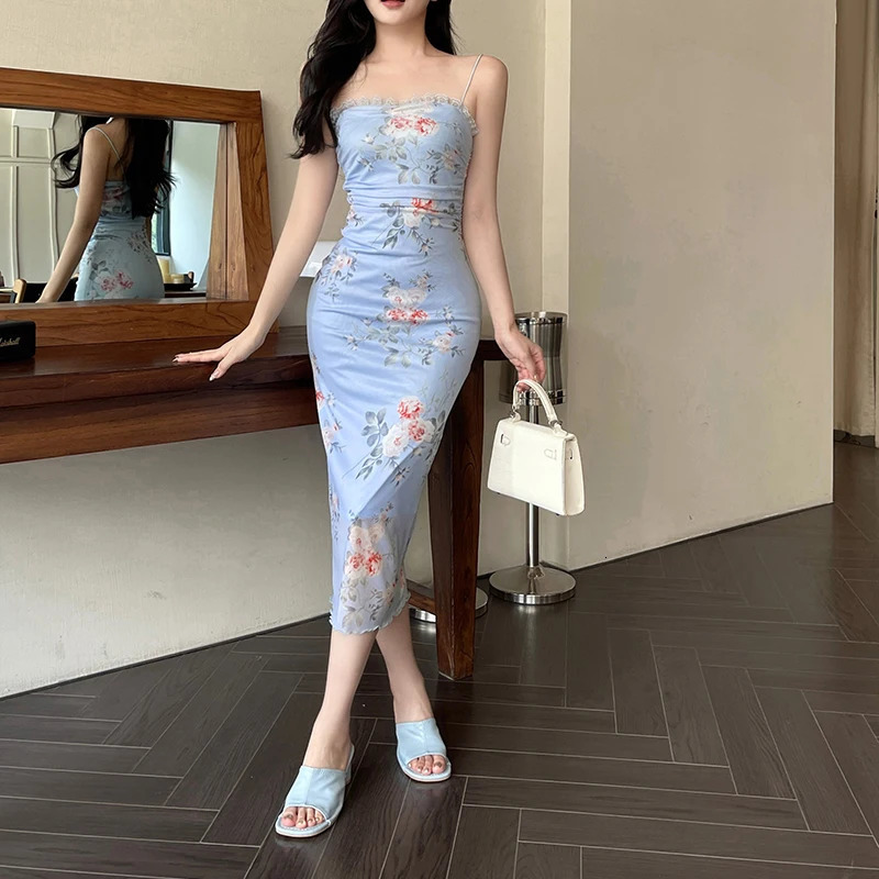 Womens Elegant Dress 2024 European and American Halter Pure Desire Printed Model Sexy Spicy Girl Style Midi Long 250207