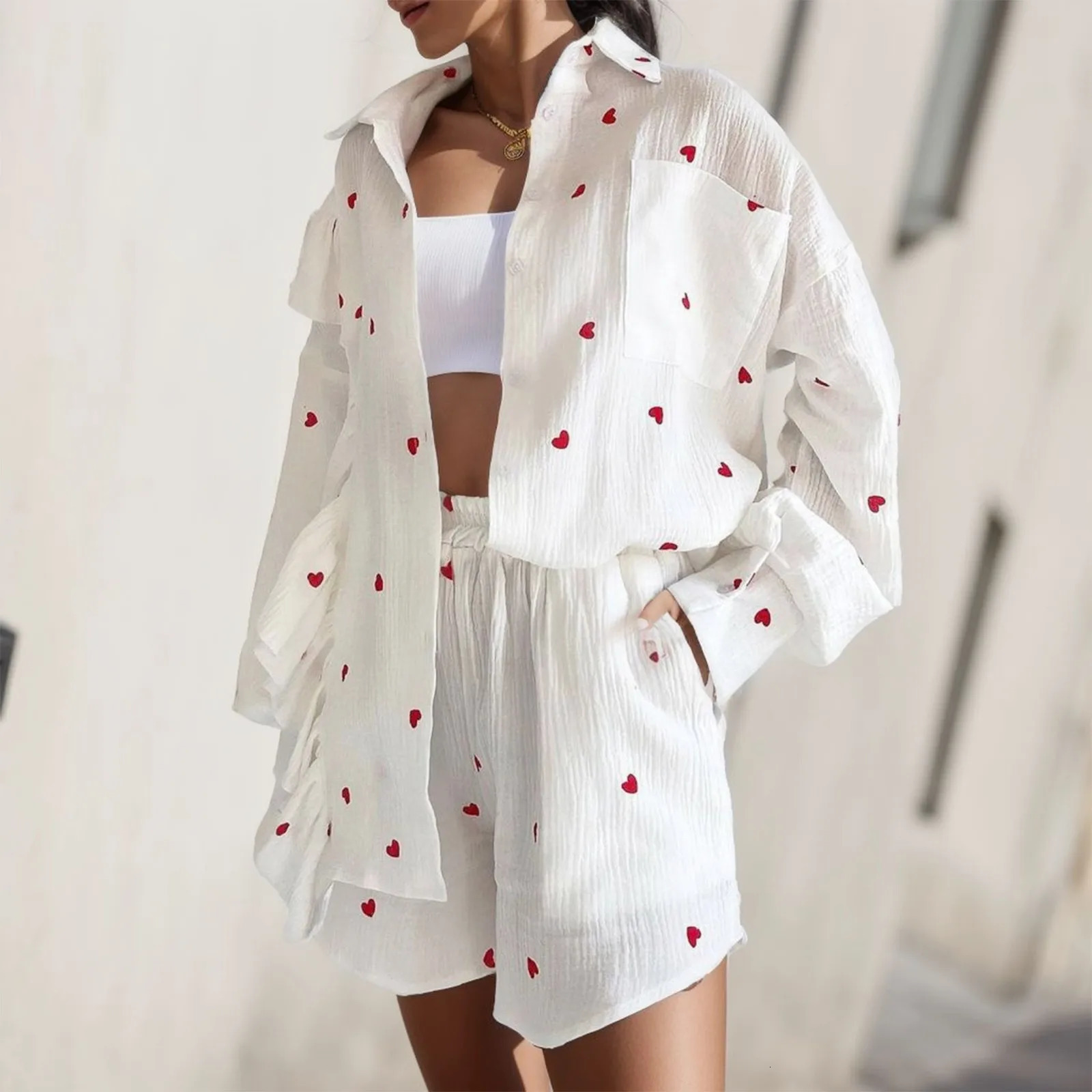 Womens Sweet Love Heart Print Ruffles 2 Piece Outfits Fashion ShirtShort Lounge Sets Long Sleeve Cotton Linen Home Suits 250206