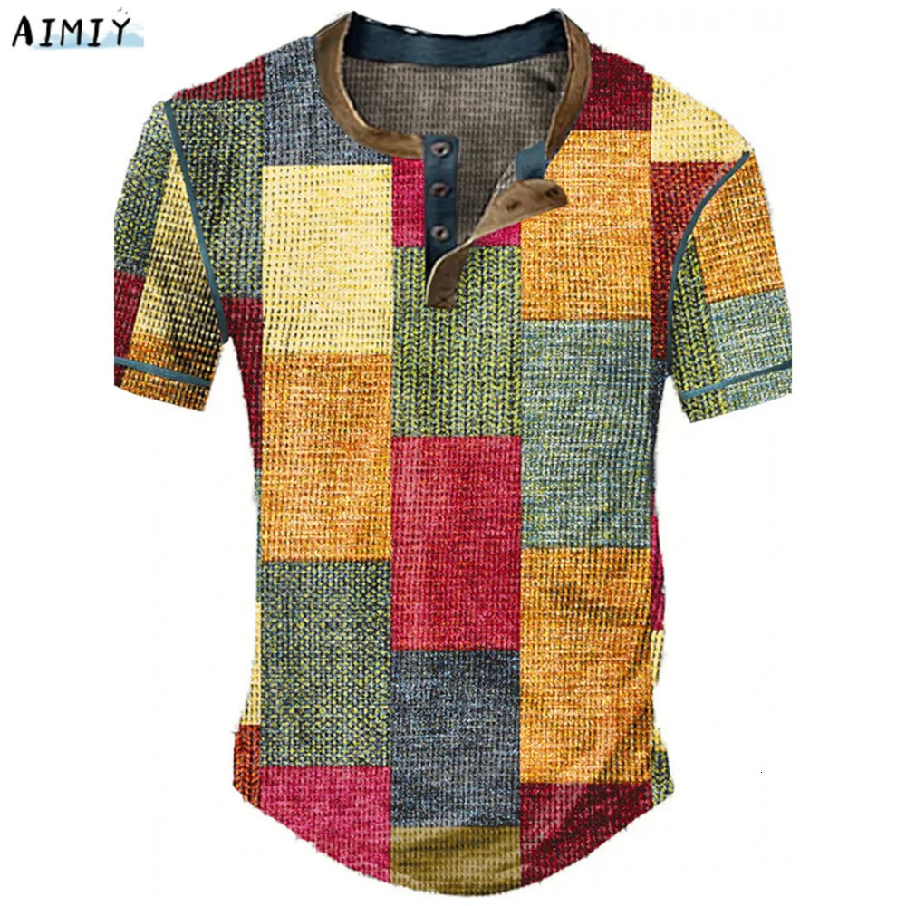 Mens Waffle Henley Oversize Tshirts Man Shirt Graphic Plaid Color Block Clothing Apparel 3D Print Short Sleeve Button Fashion 250207