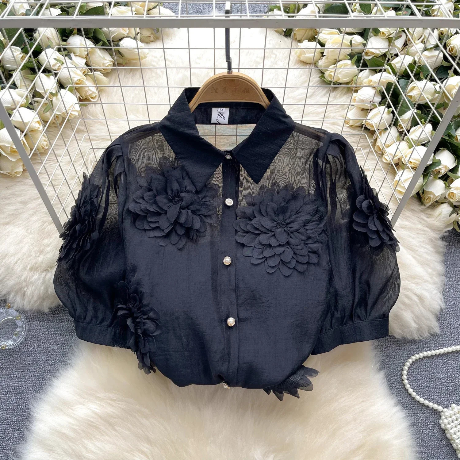 2025 French Style 3D Floral Blouse Women Lapel Neck Short Sleeves Pearl Loose Top Fashion sweet Sheer Chiffon Shirt 250121