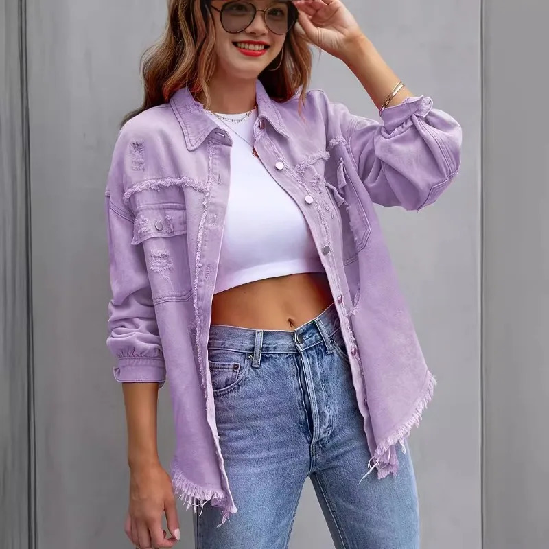 2024 Broken Holes Solid Color Denim Jacket Ladies Comfortable Casual Loose Button Cardigan Coat Streetwear Womens Outerwear 250208Z