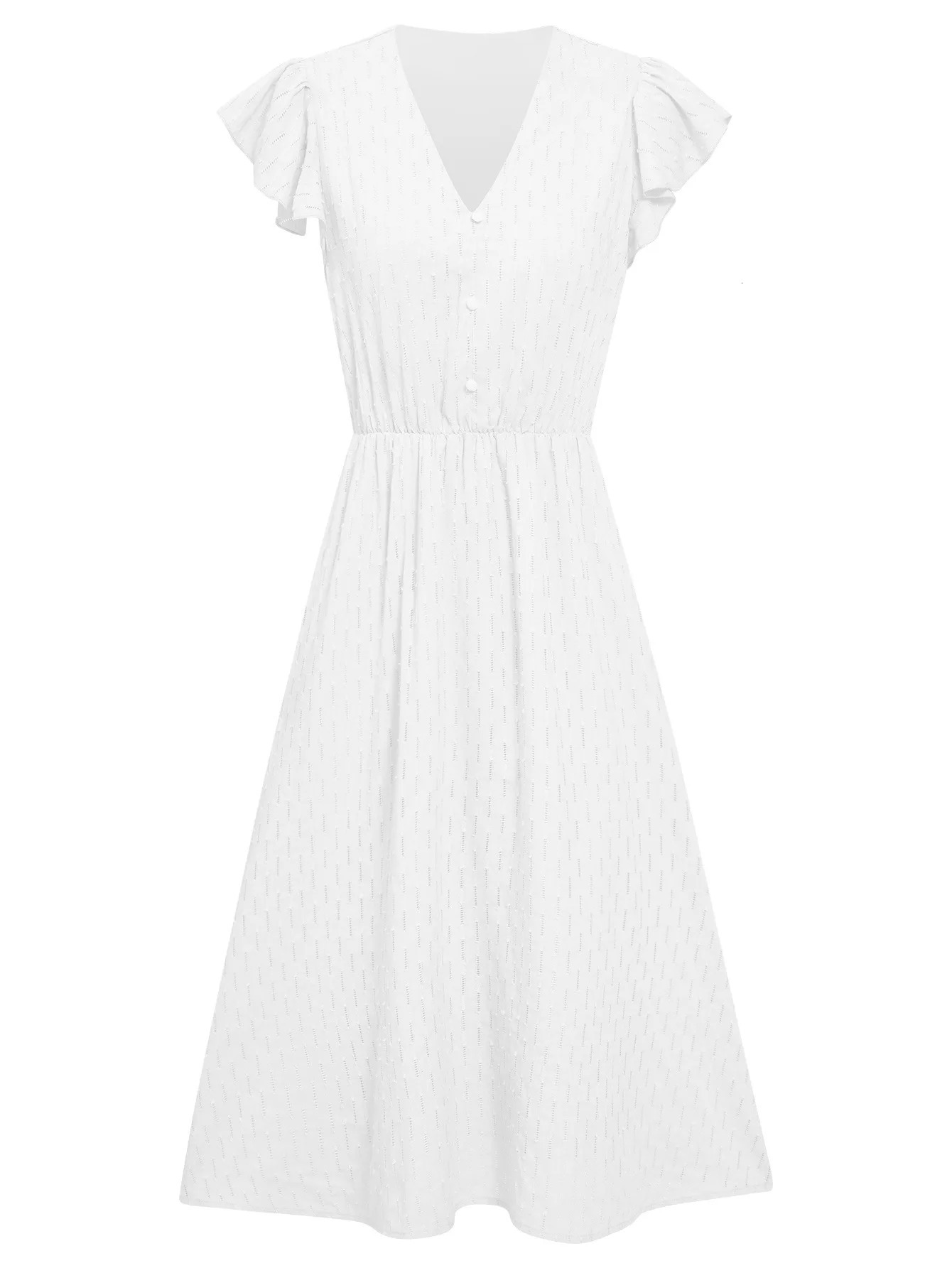 2023 Summer Dres Casual Solid Vneck High Waist Fresh Wind Midi Dresses for Women Elegant White Dress 250207