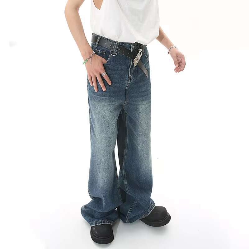 IEFB 2025 Spring New Trendy Jeans Metal Ring Design Gradient Color Washed Straight Male Denim Pants Wide Leg Casual 9C354
