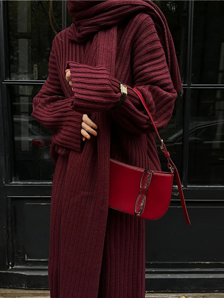 Elegant Burgundy Color Womens Loose Wide Leg Pants Set Chic Scarf Collar V-neck Knitted Sweater Suits Lady Street Knitwear 250207