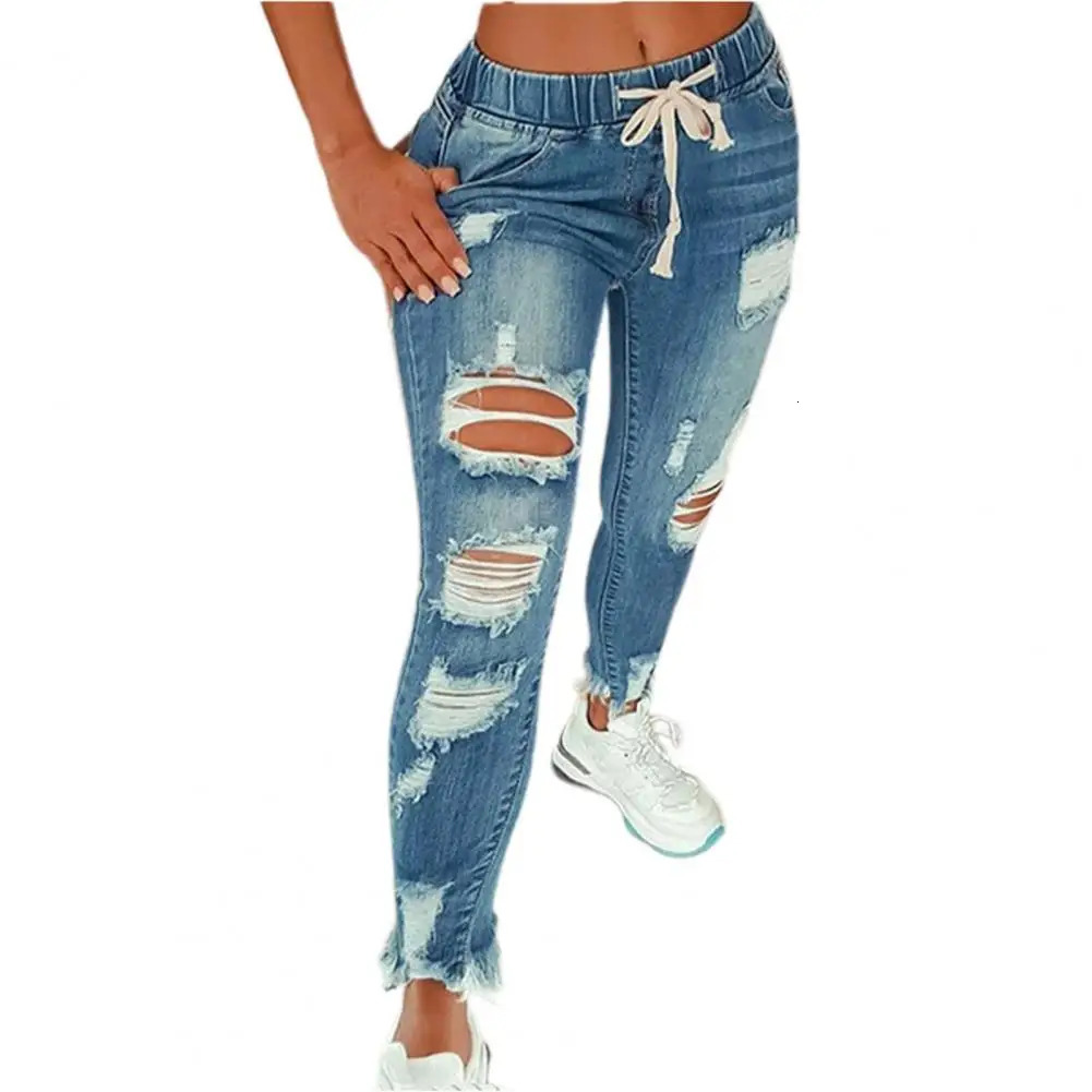Womens Stretch Skinny Ripped Hole Washed Denim mom Jeans Female Slim Jeggings High Waist Pencil Pants Trousers 250206